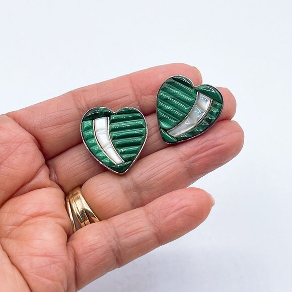 Jay King DTR Mine Finds 925 Sterling Silver Malachite & MOP Heart Post Earrings - Picture 4 of 9